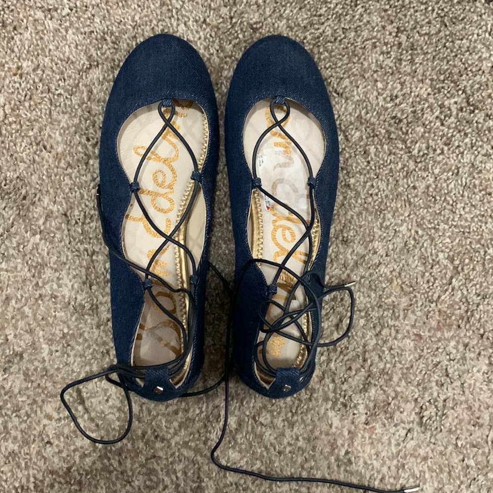 Sam Edelman Flynt Strappy Tie Up Flat Shoes Size 7.5 Denim